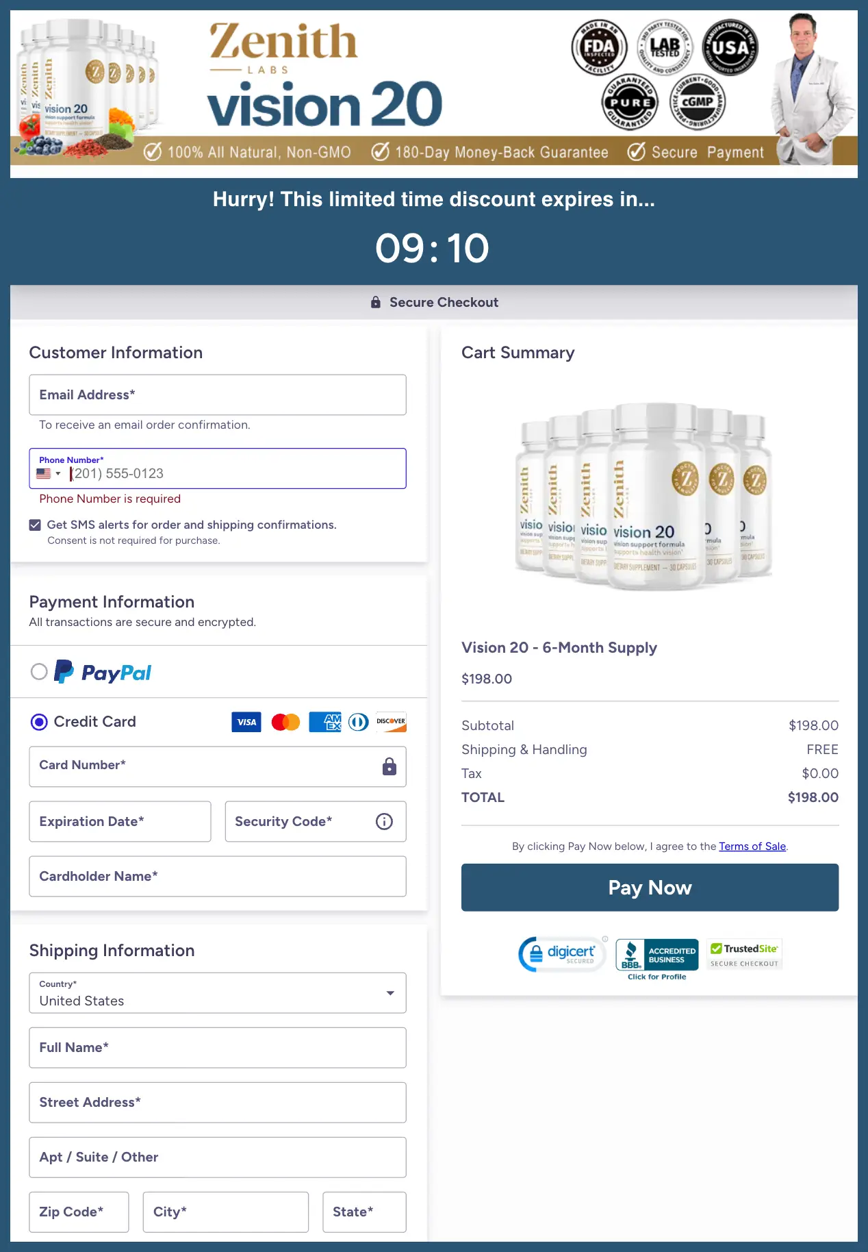 Vision 20 Official Website Secure Order Page
